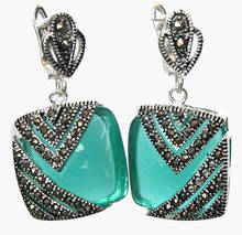 hot sell new - Natural Green Opal Cat Eye Stone 925 Silver & Marcasite Earrings 1" 2024 - buy cheap