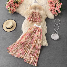 Falda larga plisada Floral + Chaleco de tirantes Sexy para mujer, traje bohemio de dos piezas, conjuntos de playa de arena coreanos para mujer 2021 2024 - compra barato