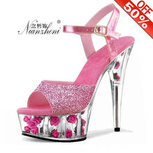 Sandalias de tacón alto con purpurina brillante para mujer, zapatos sexys con flores de estilete, de talla grande, de 15cm 2024 - compra barato