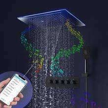 Bluetooth Music LED Shower Set 16inch Waterfall Rain ShowerHead Tap Bathroom Thermostatic Faucets Black System 2024 - buy cheap