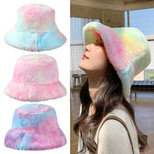 Winter Faux Fur Bucket Hat for Women Girls Fashion Rainbow Fishing Cap Soft Thick Plush Hats Winter Outdoor Warm Caps 2024 - buy cheap