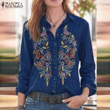 ZANZEA Women Vintage Embroidered Denim Blue Shirts Casual Lapel Neck Floral Blouse Long Sleeve Top Autumn Work Blusas  2024 - buy cheap