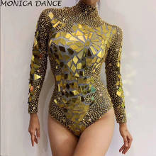 Sexy Stage Bright Gold Rhinestones Mirrors Bodysuit Women's Birthday Celebrate Outfit DS Bar Singer Dancer Show Stretch Bodysuit 2024 - buy cheap
