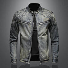 Jaqueta jeans masculina vintage, casaco jeans azul de motociclista clássico com gola retrô, slim fit em chamada 2024 - compre barato