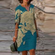 Vestido holgado informal Vintage con estampado de mapa para mujer, vestido veraniego de media manga con cuello en V para fiesta, primavera 2021 2024 - compra barato