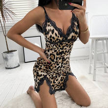 Vestido de noche de encaje con estampado de leopardo para mujer, lencería Sexy con cuello en V, camisón de verano, ropa de dormir con tirantes finos 2024 - compra barato