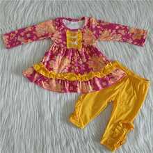 Оптовая продажа, осенняя красная туника с цветочным принтом для маленьких девочек, желтые однотонные брюки с оборками, комплекты, детская эксклюзивная одежда, одежда, детская одежда 2024 - купить недорого