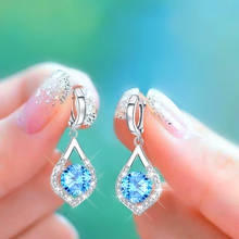 Dainty Female Blue Pink Crystal Earrings Classic Silver Color Hoop Earrings Luxury Round Zircon Stone Wedding Earrings For Women 2024 - buy cheap