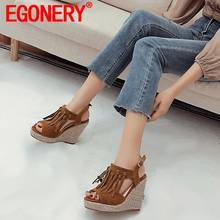 EGONERY Women Leisure Slope Heel Sandals summer New Style fringe decoration Concise Comfortable lovely sweet office lady 2024 - buy cheap