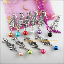 10 New Animal Peacock Charms Mixed Glass Beads Pendants Tibetan Silver 12.5x50mm 2024 - buy cheap