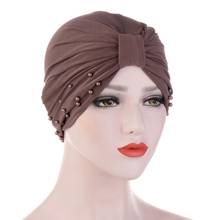 2020 Muslim Women Beading Knot Turban Caps Elastic Islamic Hijab Bonnet Ladies Hair Loss Chemo Cap Muslim Headwear Indian Hat 2024 - buy cheap
