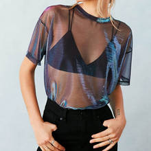 Блузка женская прозрачная сетчатая с коротким рукавом, пикантный прозрачный Повседневный Топ, винтажная рубашка, лето 2021 2024 - купить недорого