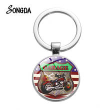 Garage Motorcycle Retro Photo Keychain USA Route 66 Flag Printed Glass Crystal Key Rings Exquisite Bag Trinkets Souvenir 2024 - buy cheap
