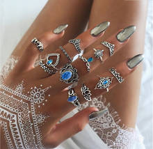 Femme, винтажные кольца для женщин, геометрической формы, в стиле бохо, цветок, синий кристалл, кольцо на кончик пальца, набор, богемные ювелирные изделия на палец средней длины, серебряный цвет 2024 - купить недорого