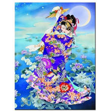 Japonês kimono menina, diy quadrado broca redonda, pintura diamante ponto cruz mosaico completo bordado diamante strass arte presente quente 2024 - compre barato