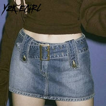 Y2K EGIRL Y2K эстетика с милым поясом синие джинсы юбка 90s Уличная E-девушка с низкой талией микро-юбки в стиле панк короткие плавки тонкий 2024 - купить недорого