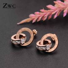 ZWC Fashion Stainless Steel Roman Numeral Stud Earrings for Women Girls Party Personality Zircon Double Circle Earrings Jewelry 2024 - buy cheap