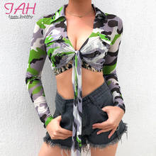 IAMHOTTY Camouflage Bow V-Neck Blouse Shirt Bandage Long Sleeve Sexy Womens Blouse Harajuku Casual Sheer Ladies Blouses And Tops 2024 - buy cheap