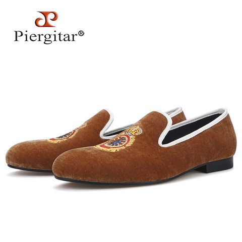 Piergitar Turkey Crown Embroidery Brown Color Men Velvet Shoes Handmade Men's  Loafer Slippers Flats Plus Size 2022 - buy cheap