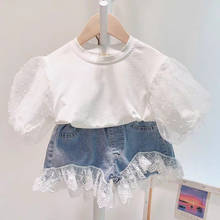 Летние комплекты одежды для девочек Корейская джинсовая футболка с короткими рукавами + юбка с высокой талией комплект одежды из 2 предметов для маленьких детей Детская одежда 2024 - купить недорого