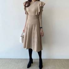 One-Piece Women Sweater Dress Winter Korean Chic Elegant Pleated Knitted Lotus Sleeve Dress 2021 Fashion Slim Belt Autumn Dress 2024 - buy cheap
