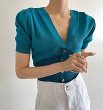 Женский однобортный трикотажный пуловер, однотонный облегающий джемпер с коротким рукавом и V-образным вырезом в Корейском стиле, лето 2024 - купить недорого
