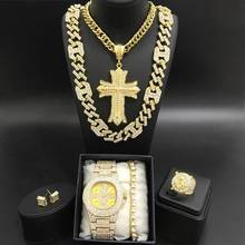 Pulseira, colar, anel e brinco luxuosos para homens, dourado, conjunto com gelo, cubano, em cristal, hip hop, para homens 2024 - compre barato