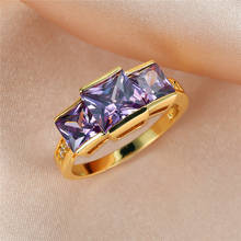 Anel de pedra de cristal roxo feminino, elegante, cor dourada, fino, anéis de casamento para mulheres, luxo, grande, quadrado, zircônia, anel de noivado 2024 - compre barato