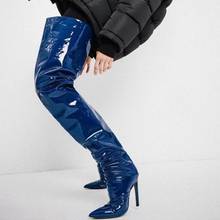 Sexy Blue Over The Knee Boots Women Thin High Heels Shoes Ladies Crotch Spring Leather Long Boots Female shoe Plus Size 47 2024 - buy cheap