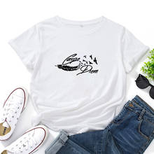 Camiseta con estampado de Carpe Diem para mujer, Camiseta holgada de algodón con cuello redondo, Top con letras personalizadas en blanco y negro 2024 - compra barato