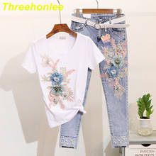 Conjunto de 2 piezas de verano de alta calidad para mujer, camiseta con bordado 3D de flores y pantalones vaqueros con perlas, traje de pantalón largo informal 2024 - compra barato