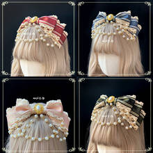 Elegant Princess Maid Handwork Red black Navy Pink Four-color KC Bow Bead chain Gorgeous Lolita Headdress Vintage Headband 2024 - buy cheap