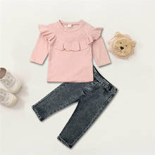 Pudcoco moda crianças roupas de bebê menina rosa manga longa babados topos denim calças 2 pçs outono roupas de inverno conjunto 1-6y 2024 - compre barato