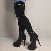 Real Photo Studded Platform Women Crotch High Boots Flock Black Stretch Heeled Boots Thigh High Shoes Woman Big Size 12 13 15 2024 - buy cheap