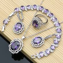 Conjuntos de joyería nupcial de Plata de Ley 925 para mujer, pendientes de piedra CZ púrpura, anillos, colgante, conjunto de collar, joyería de Dubái 2024 - compra barato
