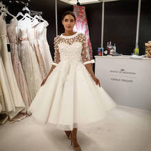 Impresionante vestido de novia corto, joya de línea A, largo de té, falda de novia con lazo, de tul, hecho A medida 2024 - compra barato