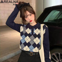 Vintage Geometric Rhombic Pullover Argyle Sweater Women Autumn Winter Long Sleeve Streetwear Pull Femme Elegant Knitted Sweaters 2024 - buy cheap