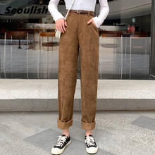 Seoulish New 2021 Autumn Winter Vintage Women Corduroy Pants with Belted High Waist Female Wide Leg Pants Solid Loose Trousers 2024 - buy cheap