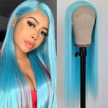 Oxeely-peluca larga y recta con malla frontal para mujeres negras, pelo sintético de fibra resistente al calor, sin pegamento, Color azul 2024 - compra barato