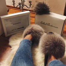 Ethel Anderson Real Fox Fur Slippers Womens Summer Slides Flip Flops Popular Fluffy Fur Sandals Beach Shoes 2024 - buy cheap