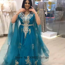Turquesa marroquino kaftan contas vestidos de noite mangas compridas rendas apliques cinto árabe muçulmano ocasião especial casamento noite 2024 - compre barato