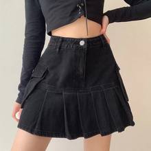 Zoki saia plissada denim feminino design mini saia moda primavera cintura alta coreano a-line bolso senhoras faldas alta moda nova 2024 - compre barato