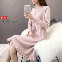 Female Knit Sweater Dress Korean Autumn Winter Pullover Loose Long Sleeve Lace Up Knit Midi Dress Ruffle Women Clothing f2515 2024 - buy cheap