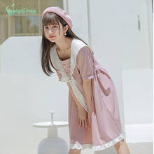 2021 Summer College Lolita Style Dress Cute Sailor Collar Lace Vintage Pink Dresses Sweet Girls Preppy Short Sleeve Woman Dress 2024 - buy cheap