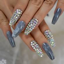 Bling AB Diomand Grey Marble Stone Pattern Press on False Nails Extra Long Coffin Ballerina UV Fingersnails Free Adhesive Tapes 2024 - buy cheap