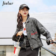 Jielur Autumn Hole Female Jacket Pockets Korean Streetwear Winter Denim Jacket Solid Color Lady Bomber Jacket Jean Coat 2024 - buy cheap