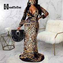 Vestido feminino com estampa de leopardo e corrente, manga comprida, decote em v, comprimento até o chão, cintura alta 2024 - compre barato