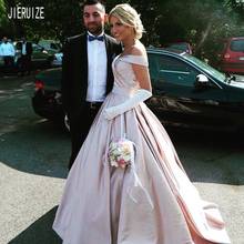 JIERUIZE Fashion Pink Satin Wedding Dresses Off the Shoulder Pleat Lace Up Back Bridal Gowns Simple A Line Draped robe de mariee 2024 - buy cheap