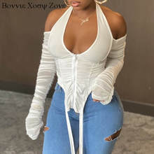 Women Sheer Mesh Long Sleeve Cold Shoulder Off Shoulder V Neck Top Shirt Blouse 2024 - buy cheap