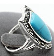 Free shipping  wholesale Real 26X14MM Blue Natural Turquoise Marcasite 925 STERLING SILVER RING Size US 7 8 9 10 2024 - buy cheap